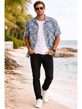 Quiksilver Vtg  Floral Hawaiian Button-Up Shirt  Mens Blue\Wht Medium